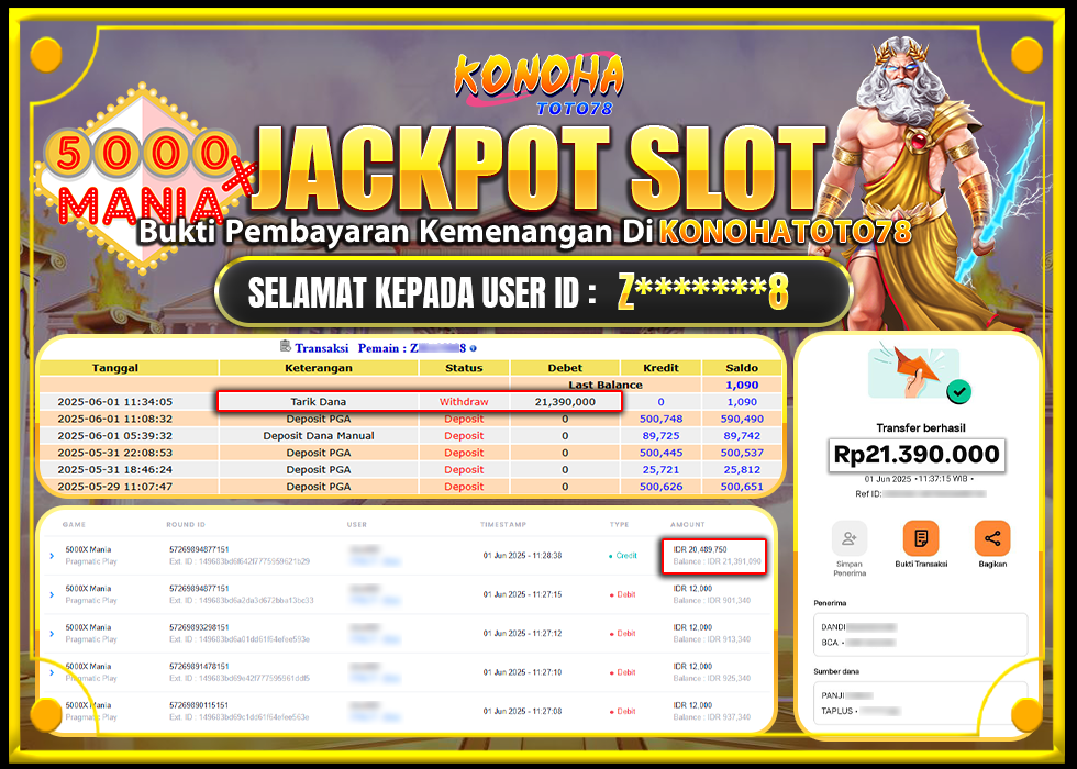 KONOHATOTO78 JACKPOT 5.000X MANIA Rp.21.390.000,- LUNAS